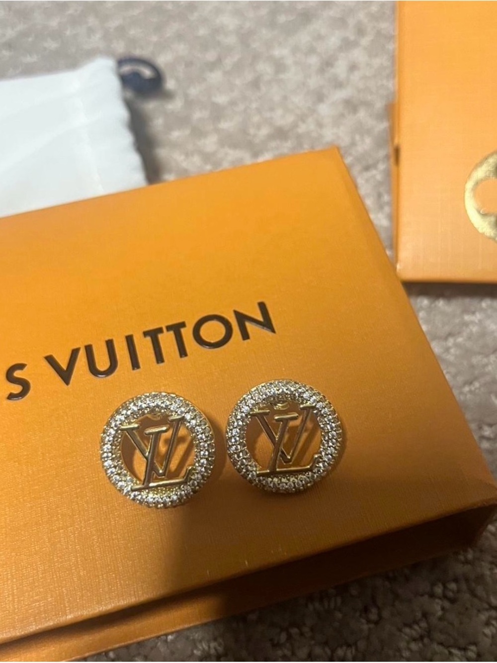 Authentic Louis Vuitton Gold-Tone Crystal LV Logo Earrings